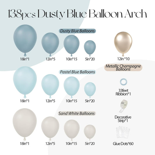 138Pcs Dusty Blue Balloons Arch Garland Kit, Dusty Baby Blue Sand White Metallic Gold Balloons for Bridal Shower Gender Reveal Birthday Baby Shower Decorations