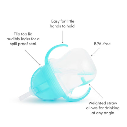 Munchkin Any Angle Sippy Cups for Toddlers, Spill Proof Weighted Straw Cup with Transition Handles for Babies 6 Months and Up, 2 Pack, Blue/Green