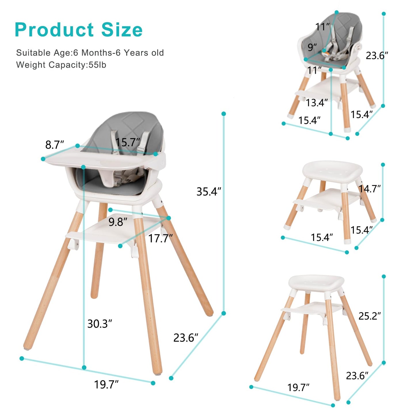 Baby High Chair, 6 in 1 Wooden Convertible High Chairs for Babies and Toddlers, Booster Seat with Double Tray & Reversible Footrest, 5-Point Harness Infants Feeding Seat, Black