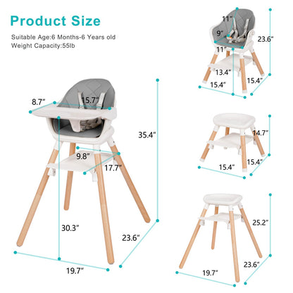 Baby High Chair, 6 in 1 Wooden Convertible High Chairs for Babies and Toddlers, Booster Seat with Double Tray & Reversible Footrest, 5-Point Harness Infants Feeding Seat, Black