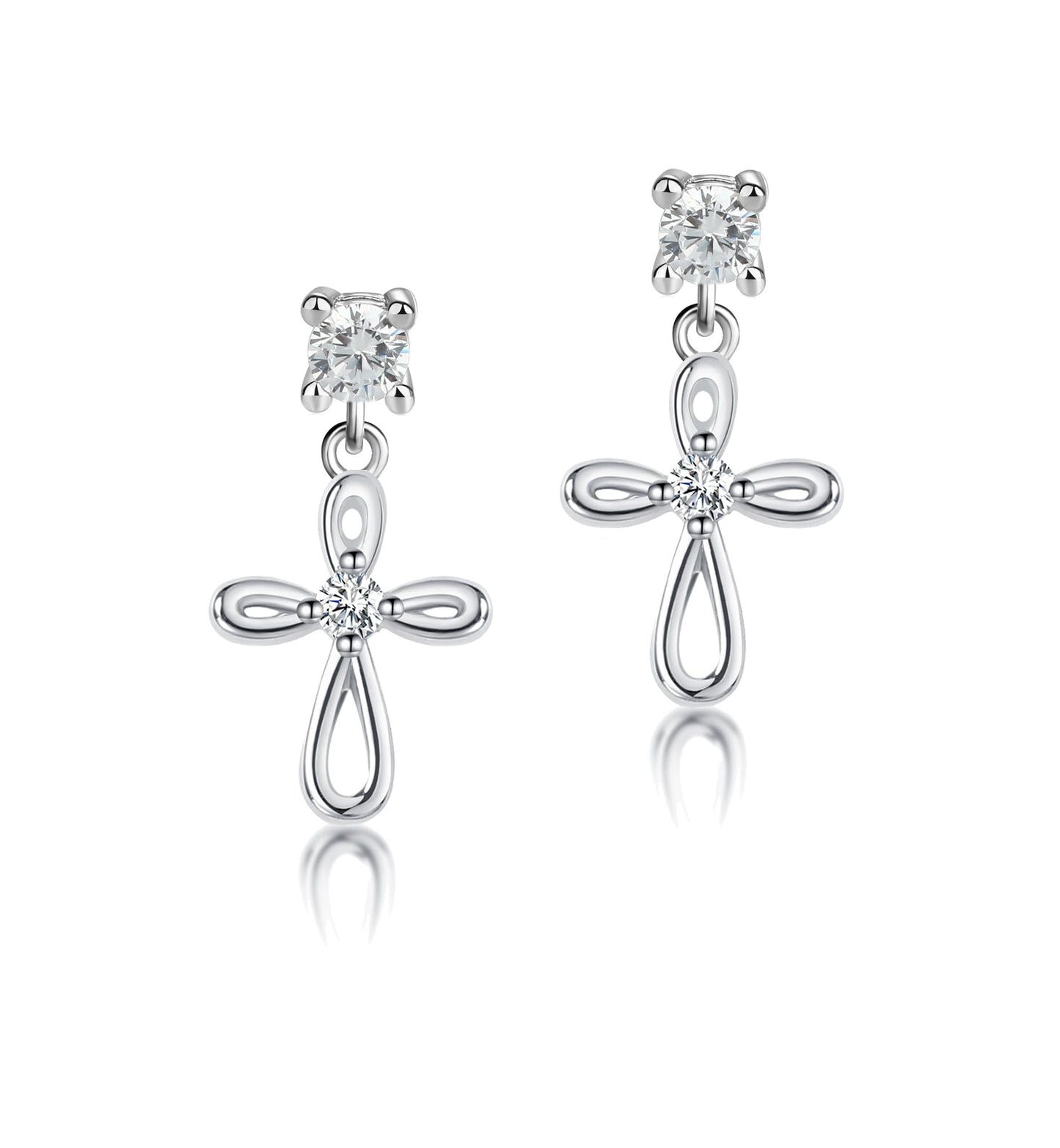 Cherished Moments Children's Sterling Silver Cultured Pearl or CZ, Dangling Cross Earrings with Screw Backs for Baptism, Christening, First Communion Gift for Babies, Kids, Toddlers, and Little Girls