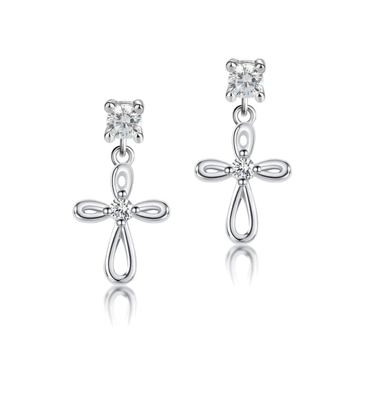 Cherished Moments Children's Sterling Silver Cultured Pearl or CZ, Dangling Cross Earrings with Screw Backs for Baptism, Christening, First Communion Gift for Babies, Kids, Toddlers, and Little Girls