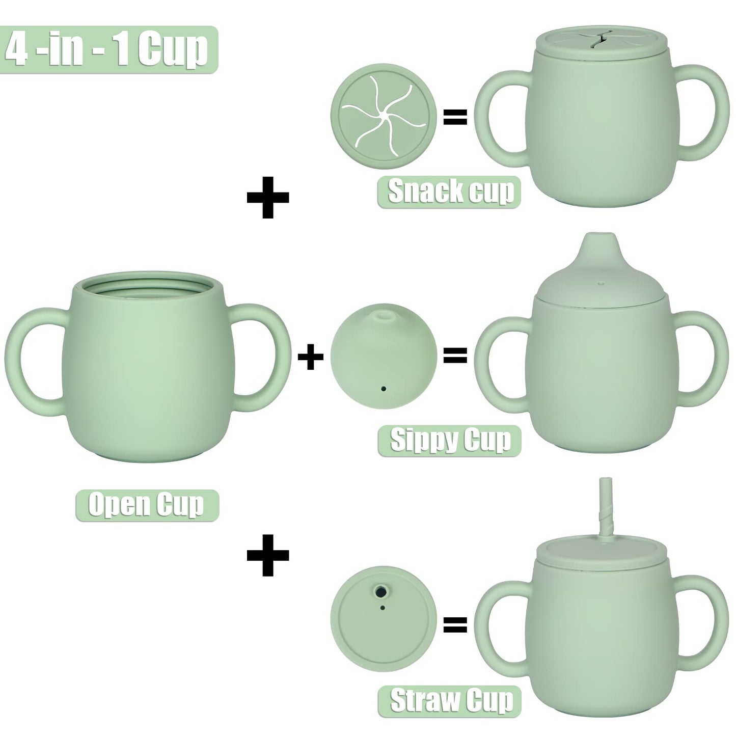 Silicone Baby Feeding Set 11 Piece, Baby Led Weaning Feeding Supplies, Strong Suction Bowl & Suction Plate, Adjustable Bibs, 4-in-1 Cup, Silicone Spoon & Fork, Food-grade Silicone (Green)