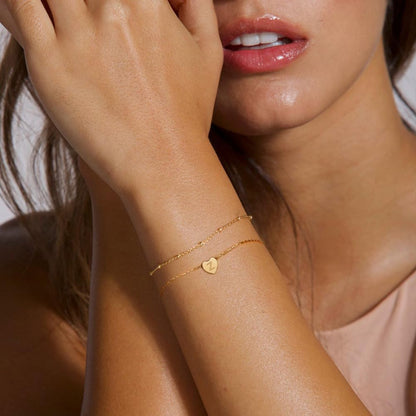 Turandoss Dainty Heart Initial Bracelets for Women Girls, 14K Gold Filled Handmade Personalized Letter Layered Heart Initial Bracelets for Women Teen Girls Jewelry Gifts