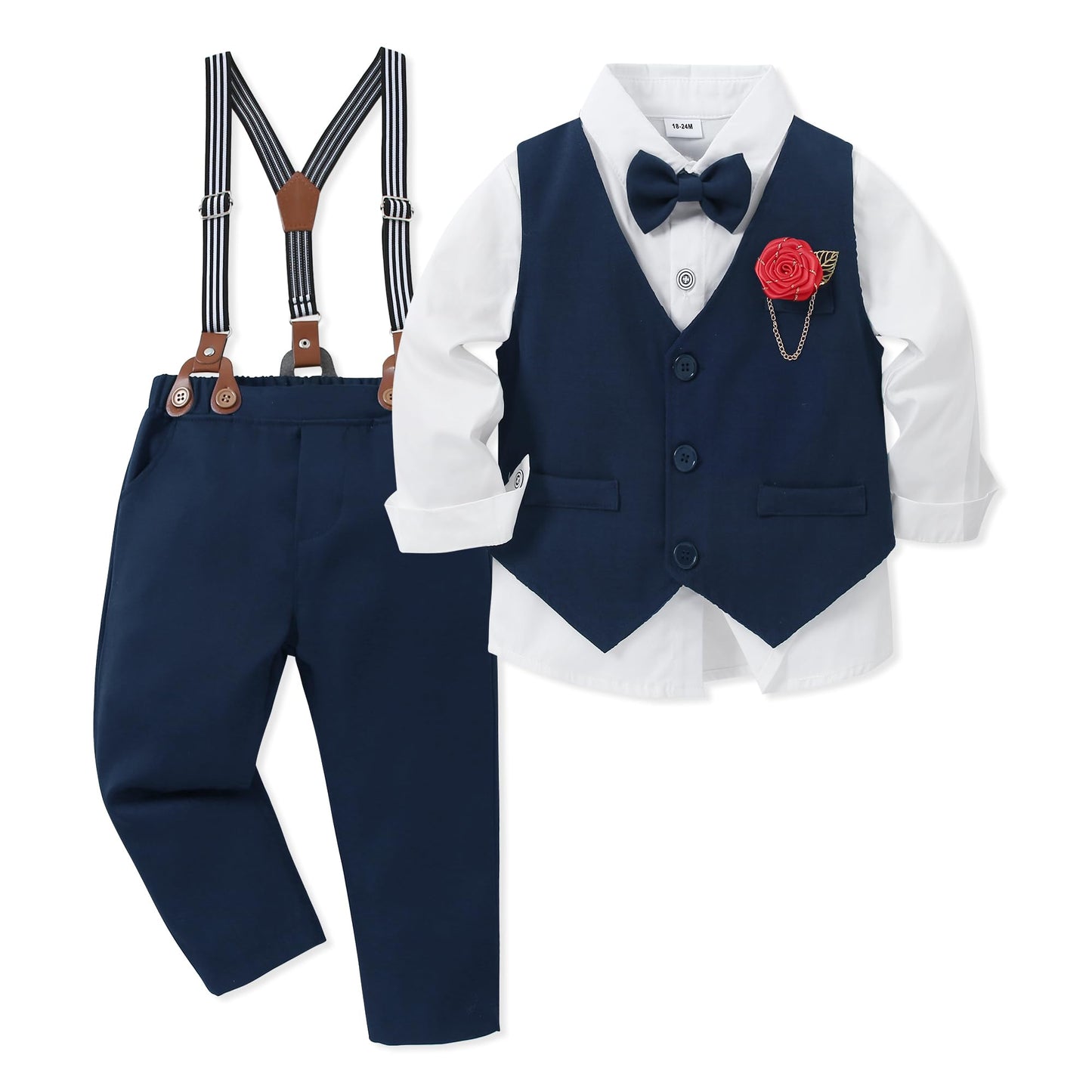 WESIDOM Toddler Boy Clothes Suit Formal Dress Shirt+Bowtie+Vest+Boutonniere+Suspender Pants Boys Gentleman Outfits Set