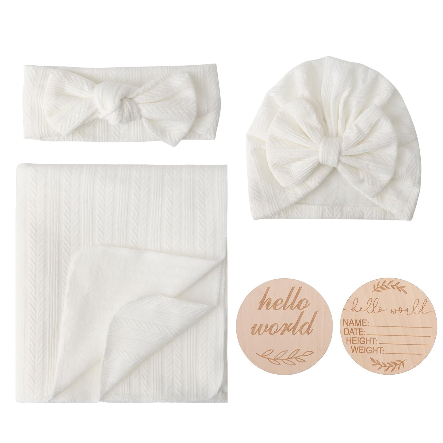 DRESHOW BQUBO Baby Swaddle Blankets for Girls, 4PCS Newborn Accessories Set with Matching Hat and Bow Headband with Card