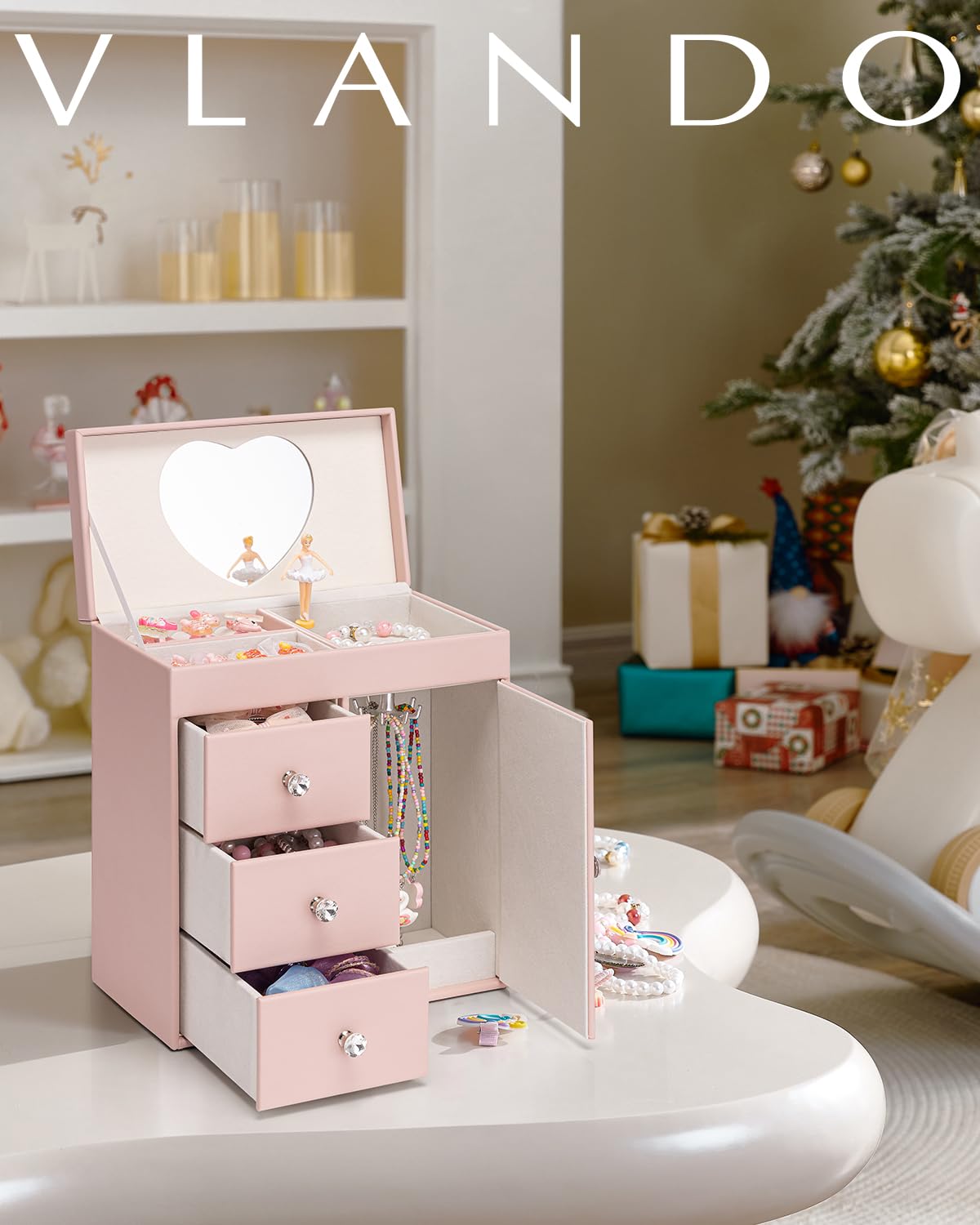 Vlando Musical Jewelry Box for Girls, Large Kid Music Box with Ballerina for Birthday Bedroom Decor, 4 Layer Girl Jewelry Gifts for Girls Kids - Light Pink
