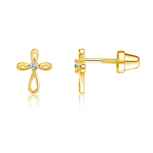 Cherished Moments Girl's 14K Dainty Gold-Plated or Sterling Silver Infinity Cross Earring with CZ and Screw Back