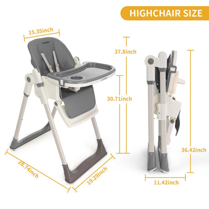 3-in-1 Foldable High Chair for Babies & Toddlers – Adjustable Height, Reclining Seat, 5-Point Safety Harness, Removable Tray, Lockable Wheels and Washable Cushion, Beige