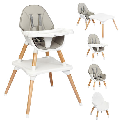 BABY JOY 6 in 1 High Chair, Convertible High Chairs for Babies and Toddlers/Booster Seat/Table and Chair Set, Infant Wooden Highchair w/ 5-Point Harness, 4-Position Removable Tray & PU Cushion, Coffee