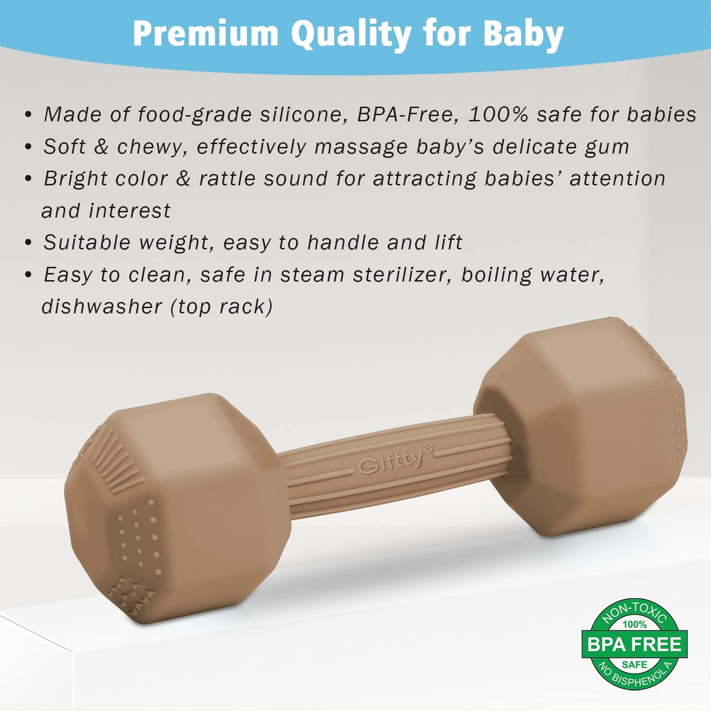 Giftty Baby Dumbbell Toy - Silicone Infant Rattle Teething Toy Teether Toddler Sensory Toy Durable Safe Exercises Workout Weight - Great Gift for Girls and Boys (1pcs 4.8oz - Gray)