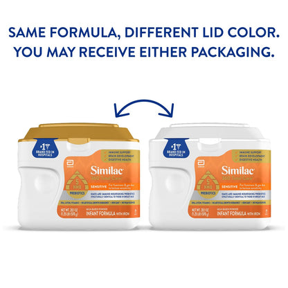 Similac 360 Total Care Sensitive Infant Formula for Fussiness & Gas Due to Lactose Sensitivity, Has 5 HMO Prebiotics, Non-GMO, Baby Formula Powder, 20.1-oz Tub
