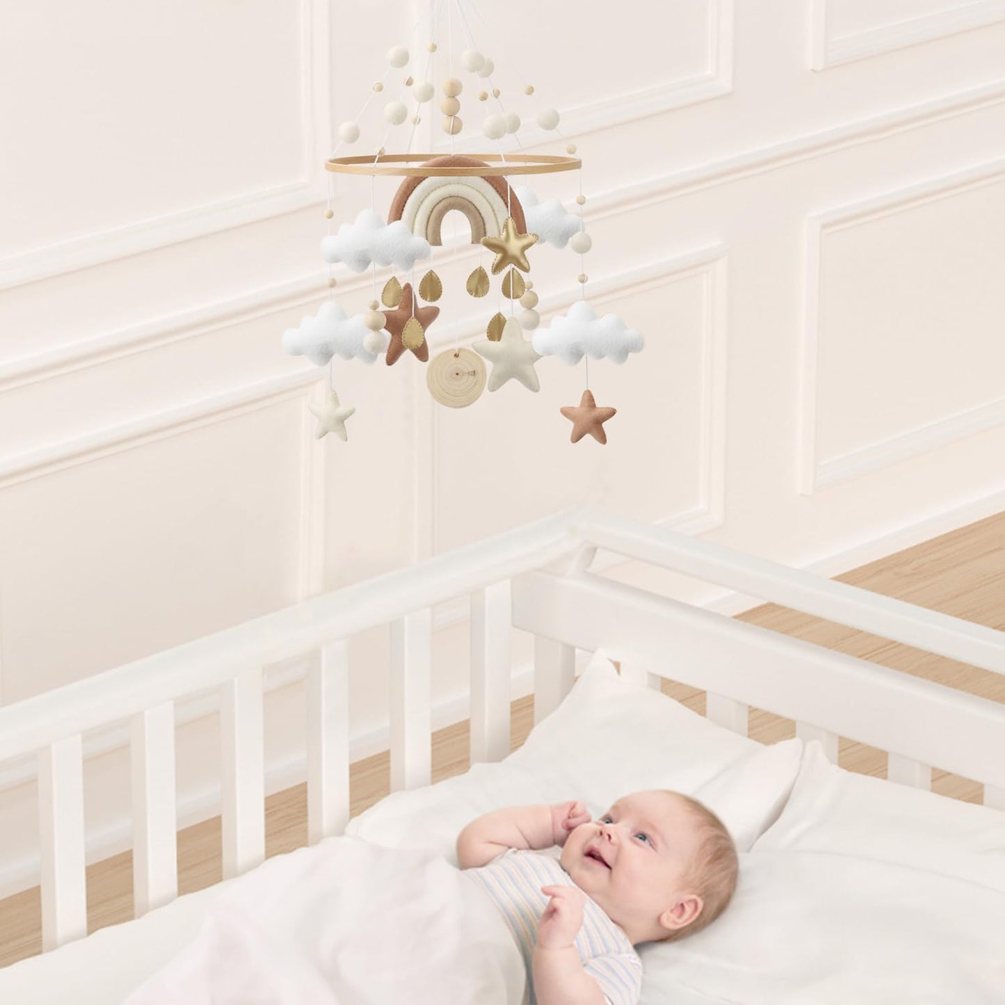 Rainbow Mobile for Crib - A Gender Neutral Boho Mobile for Crib with Gold Stars and Clouds