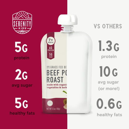 Serenity Kids 7+ Months Bone Broth Puree Made With Organic Veggies - Clean Label Project Purity Award Certified - 3.5 Ounce BPA-Free Pouch - Grass Fed Beef Pot Roast - 12 Count - Baby Food Pouch