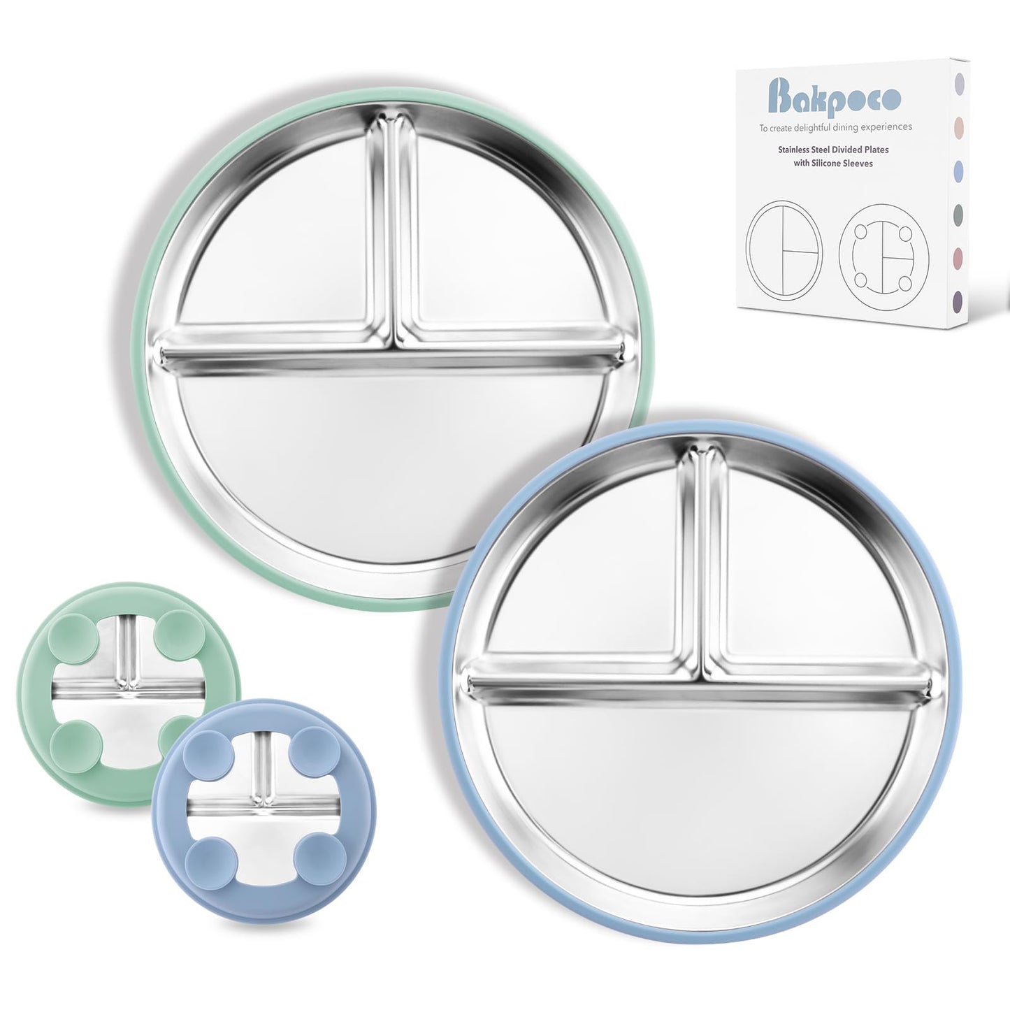 Stainless Steel Baby Plate with Suction, 9” Divided Toddler Plates with Removable Silicone Sleeves for Kids, Non-Toxic Non-Slip Unbreakable Dishwasher Safe Dinnerware Set of 2, Pink & Beige