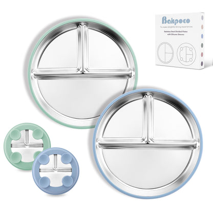 Stainless Steel Baby Plate with Suction, 9” Divided Toddler Plates with Removable Silicone Sleeves for Kids, Non-Toxic Non-Slip Unbreakable Dishwasher Safe Dinnerware Set of 2, Pink & Beige