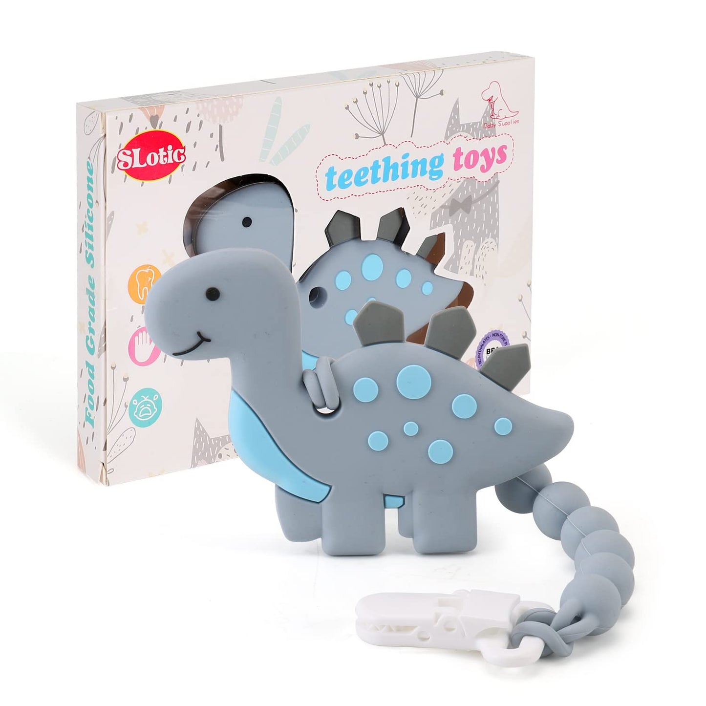 Baby Teething Toys for Babies 3-6 6-12 Months, Dinosaur Teether Pain Relief Toy with One Piece Design Pacifier Clip Holder Set, Freezer Safe Neutral Shower Gift for Boys and Girls (Pink)