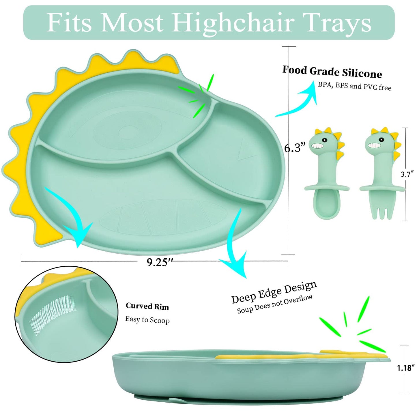 Silicone Suction Plates for Baby Toddler with Spoon Fork set Divided Dinosaurs Plates Self Feeding Training Baby Dinner Plate-Green Dinosaurs Plate Set