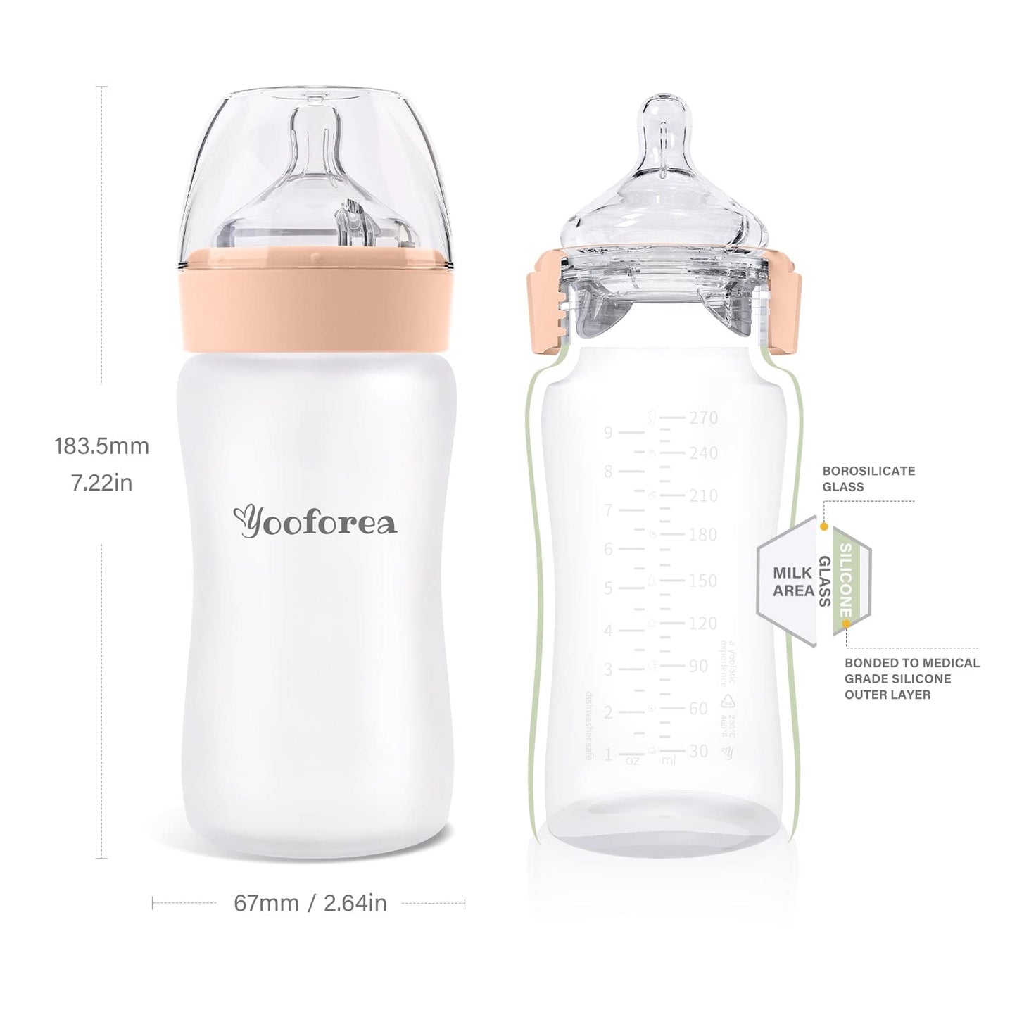 Yooforea Silicone Coated Glass Baby Bottle, 0M+ Slow Flow Nipple I Anti-Colic, Wide Neck, Stable Base I Medical-Grade Silicone Coating for Shatter Protection, BPA BPS PVC Free (3 Ounce-Honey)