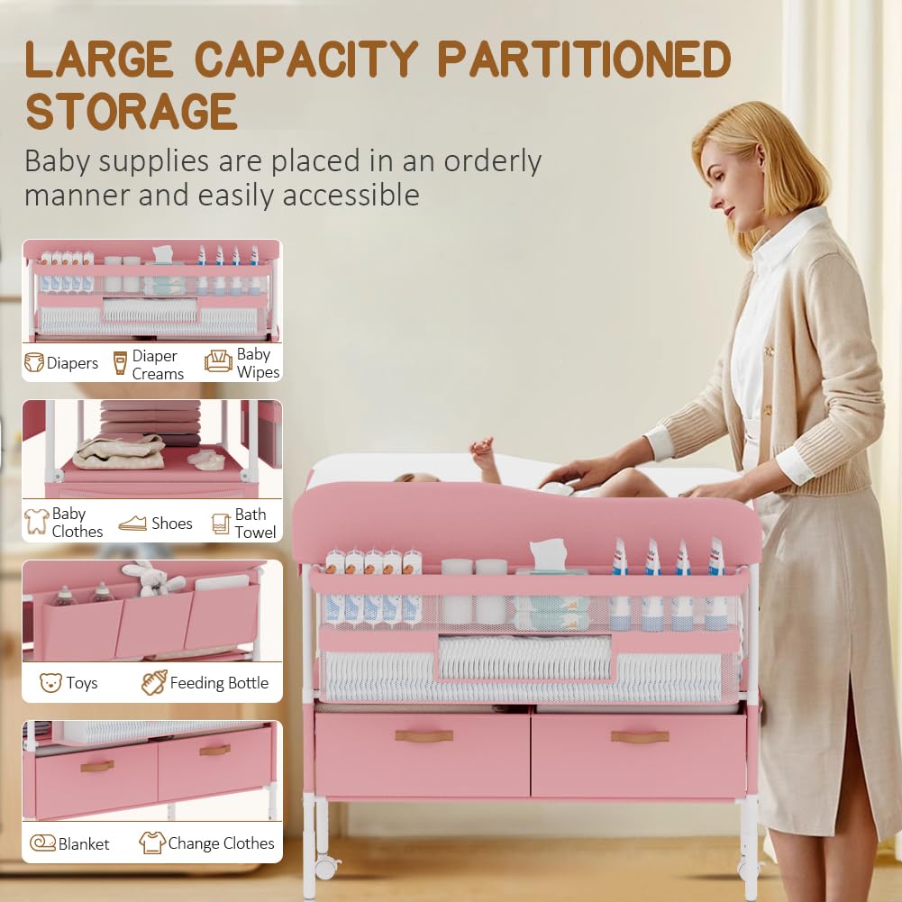 Diaper Changing Station, Portable Changing Table for Baby, Diaper Changing Table with Storage Drawers, Waterproof Baby Changing Station with Wheels and Adjustable Height for Newborn Infant (Pink)