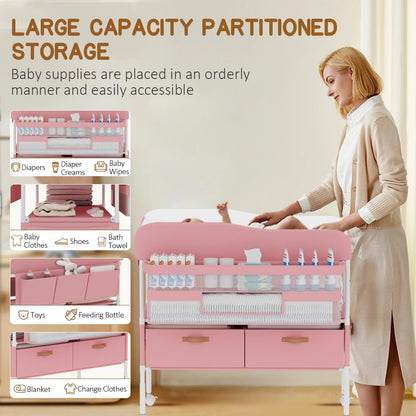 Diaper Changing Station, Portable Changing Table for Baby, Diaper Changing Table with Storage Drawers, Waterproof Baby Changing Station with Wheels and Adjustable Height for Newborn Infant (Pink)