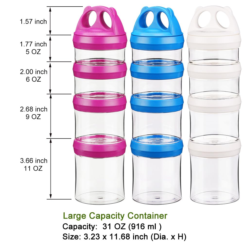 SELEWARE Portable Stackable Food Storage Containers for Snacks Formula Powder and Drinks Twist Lock System Airtight Leak-proof BPA and Phthalate Free 4 Piece Jars 31oz Blue