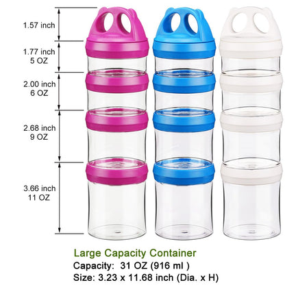 SELEWARE Portable Stackable Food Storage Containers for Snacks Formula Powder and Drinks Twist Lock System Airtight Leak-proof BPA and Phthalate Free 4 Piece Jars 31oz Blue