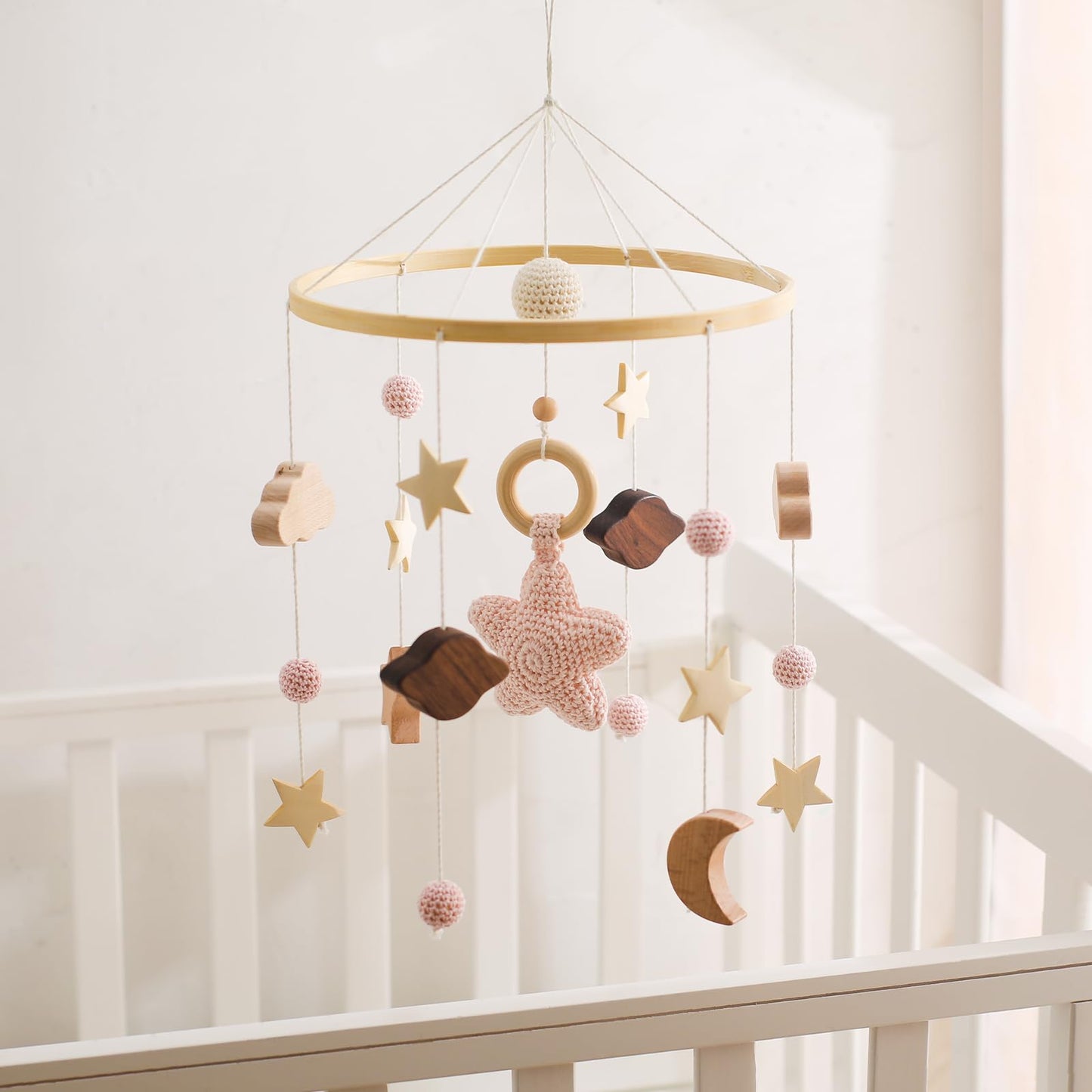 Baby Crib Mobile for Boys Girls| Boho Nursery Mobile| Gender Neutral Hand-Crocheted Mobile| Ceiling Mobile - Stars, Clouds, Moon