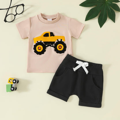 Toddler Baby Boy Summer Clothes Embroidered Farm Tractor Shirt and Short Set 2-Piece Outfits for Boys