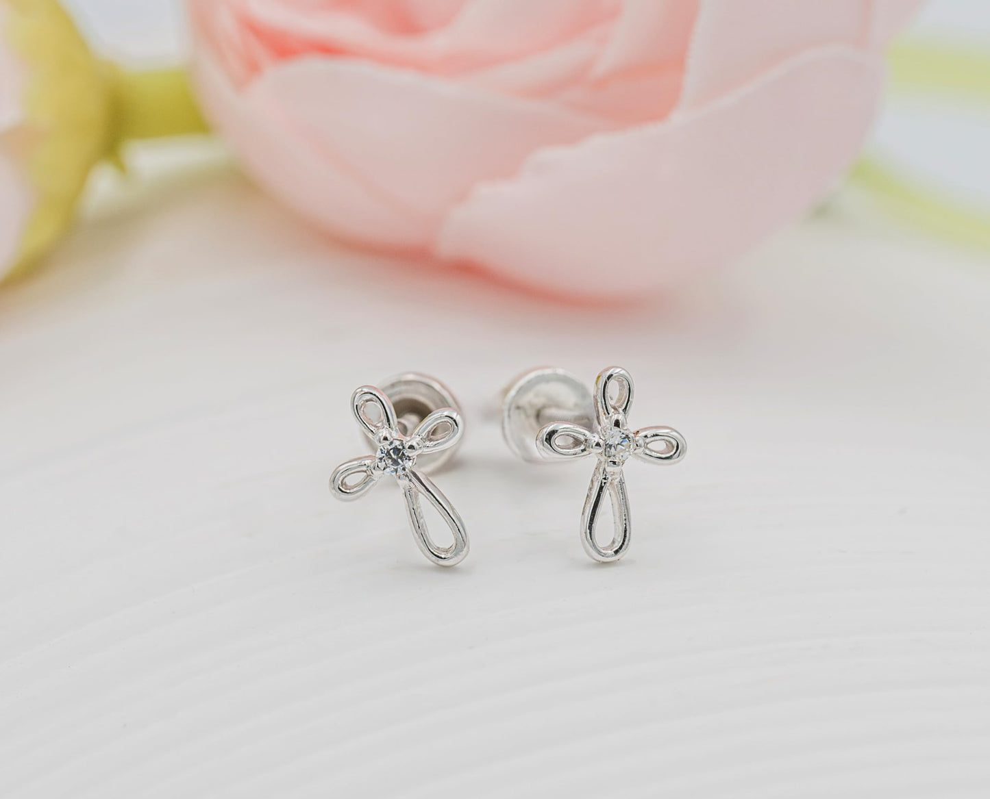 Cherished Moments Girl's 14K Dainty Gold-Plated or Sterling Silver Infinity Cross Earring with CZ and Screw Back