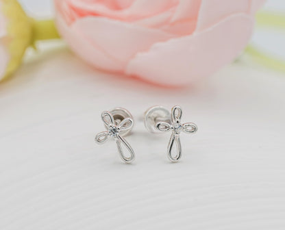 Cherished Moments Girl's 14K Dainty Gold-Plated or Sterling Silver Infinity Cross Earring with CZ and Screw Back