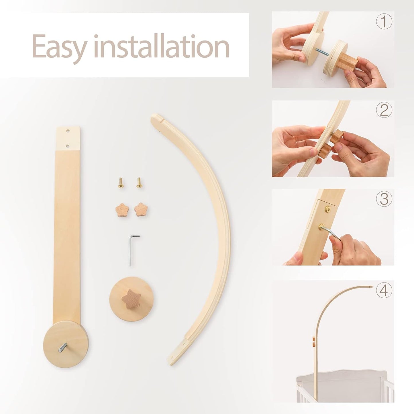 Wooden Crib Mobile Arm | Baby Crib Mobile Arm Wooden Holder | Rotatable Adjustable Anti Slip Attachment Clamp for Sturdy Mobile Hanger (Curved Arm)