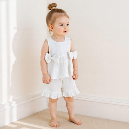 Kupretty Toddler Girl Summer Clothes Baby Solid Linen Outfit Bows Ruffle Tank Tops Shirts + Ruffled Short Set