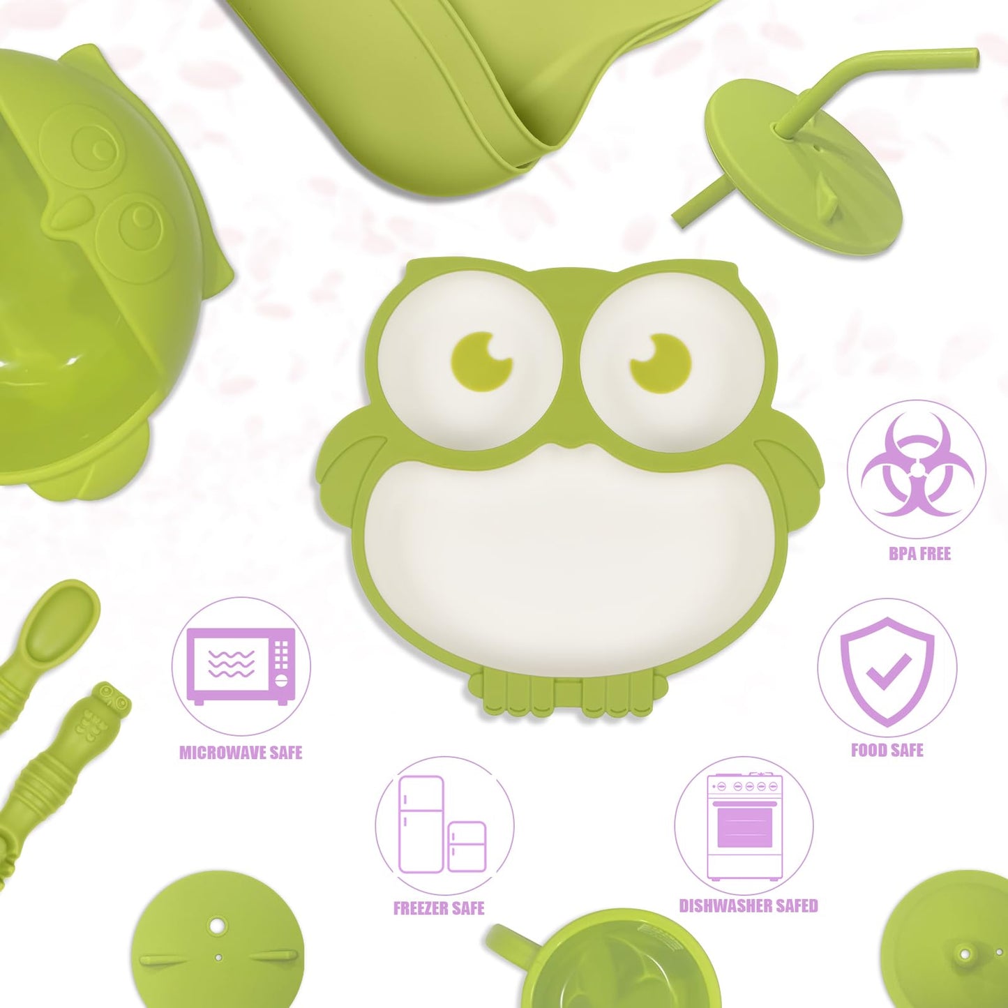 Silicone Baby Feeding Set 11 Piece, Baby Led Weaning Feeding Supplies, Strong Suction Bowl & Suction Plate, Adjustable Bibs, 4-in-1 Cup, Silicone Spoon & Fork, Food-grade Silicone (Green)