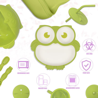 Silicone Baby Feeding Set 11 Piece, Baby Led Weaning Feeding Supplies, Strong Suction Bowl & Suction Plate, Adjustable Bibs, 4-in-1 Cup, Silicone Spoon & Fork, Food-grade Silicone (Green)