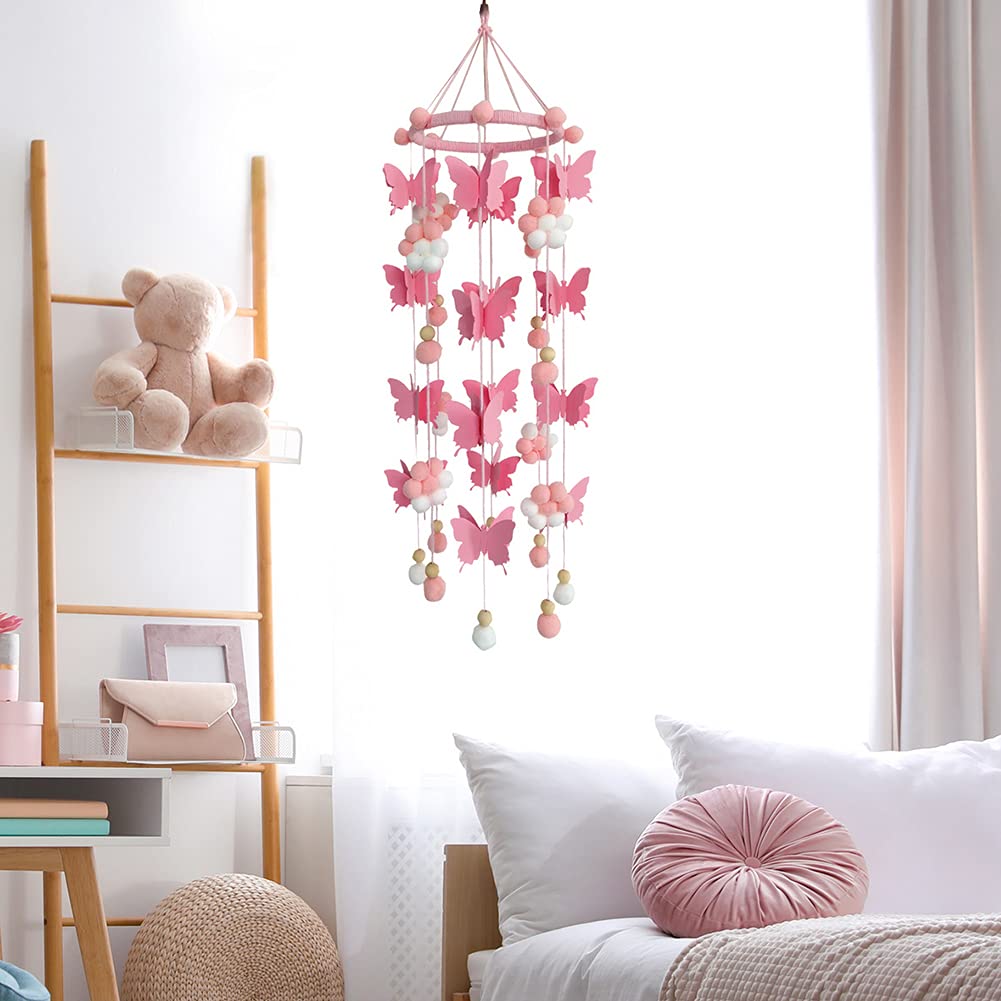 Baby Crib Mobile, Cute Butterfly Wind Chime, Handmade Felt Ball Mobile Ceiling Mobile Hanging Decoration for Newborn Nursery, Baby Nursery Room Decor(Pink)