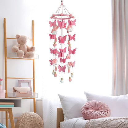 Baby Crib Mobile, Cute Butterfly Wind Chime, Handmade Felt Ball Mobile Ceiling Mobile Hanging Decoration for Newborn Nursery, Baby Nursery Room Decor(Pink)