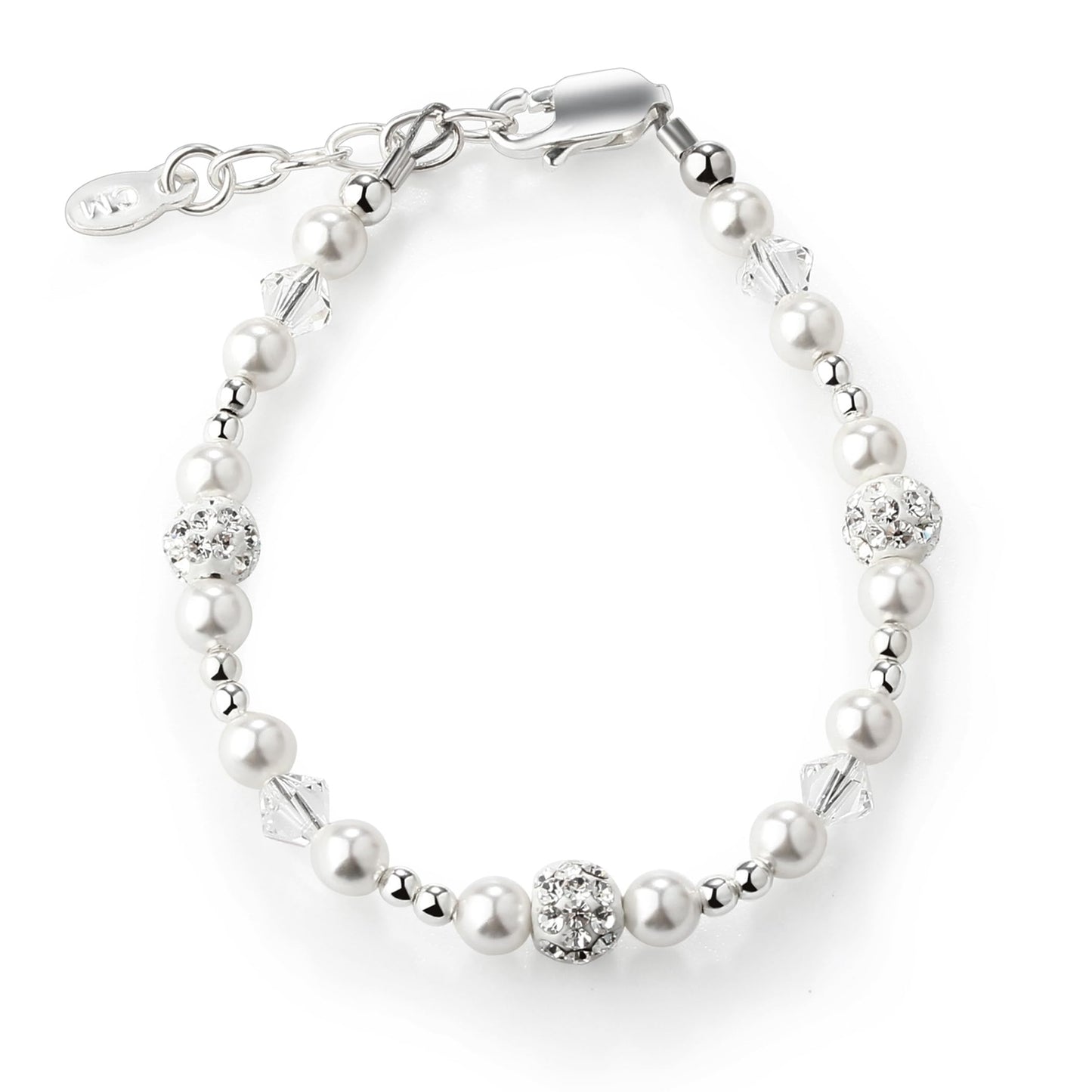 Cherished Moments Sterling Silver Bracelet for Babies, Toddlers and Little Girls with High-End Simulated Pearl, Crystal and Sparkling Stardust Beads
