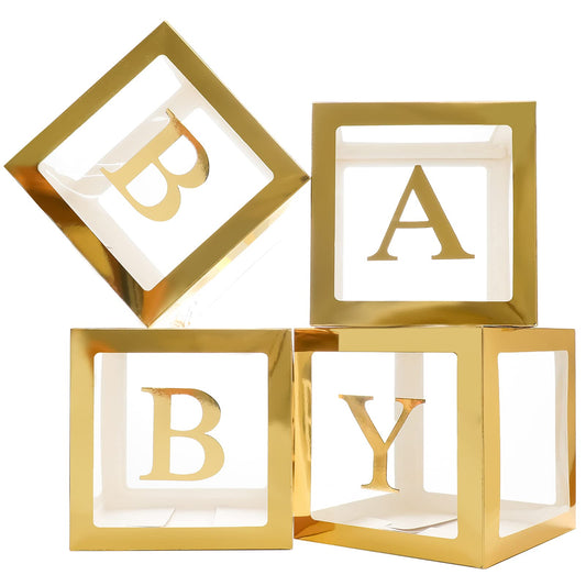 Gold Baby Boxes with Letters for Baby Shower, Baby Shower Decorations for Boys or Girls, Transparent Balloon Boxes Clear Blocks for Birthday Party, Bridal Shower, Gender Reveal