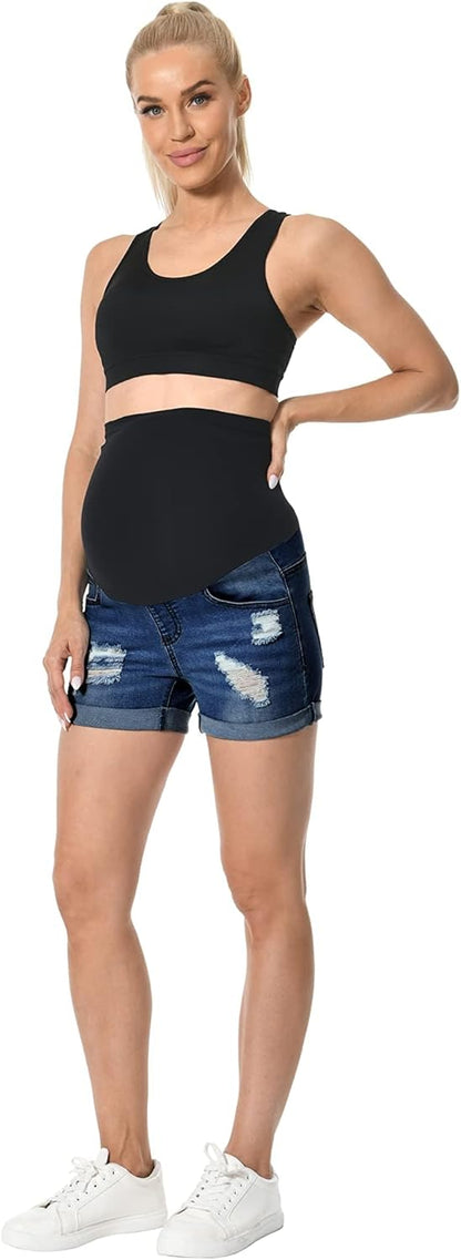 V VOCNI Maternity Denim Shorts Women's Summer High Waist Distressed Cuffed Hem Casual Denim Jeans Short