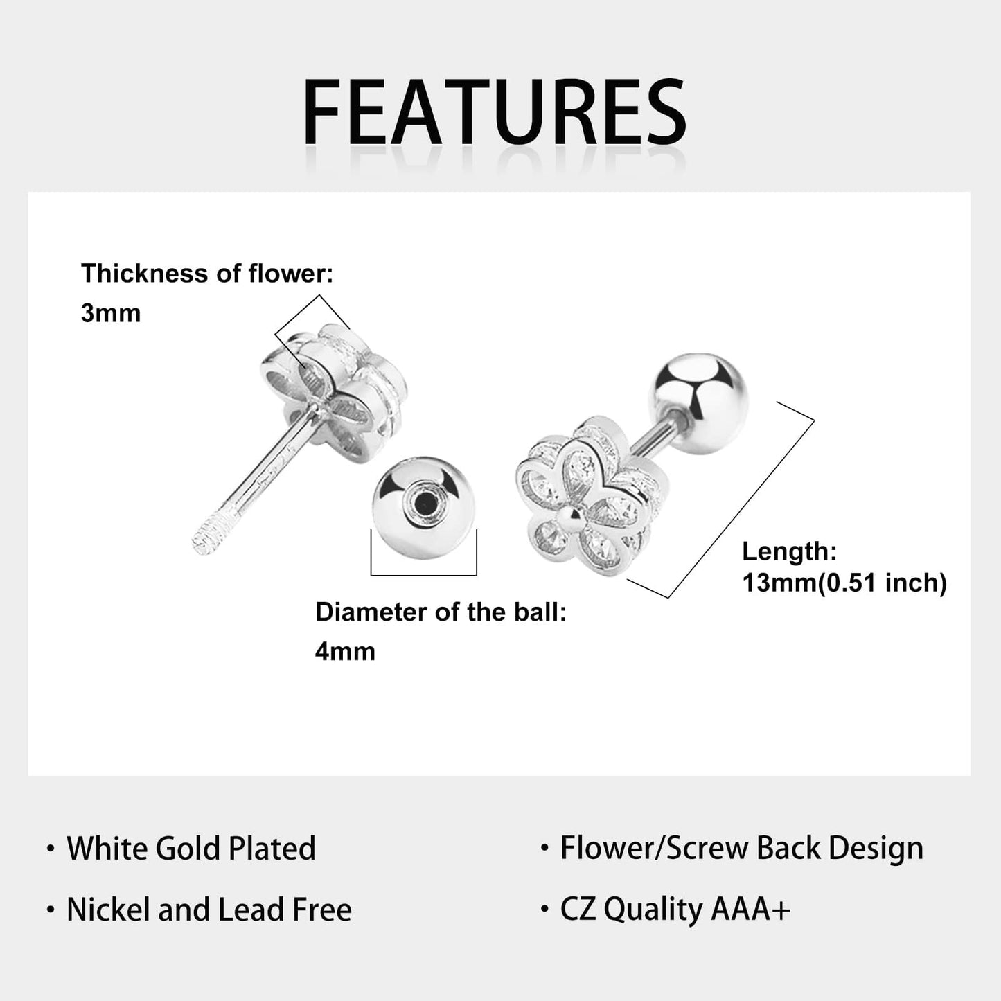18K Gold Plated Sterling Silver Cubic Zirconia Screw Back Small Trendy Dainty Cute Flower Stud Earrings for Women with Jewelry Rose Box