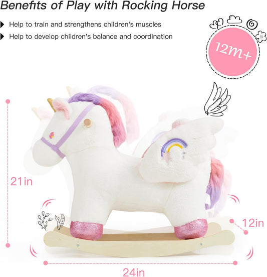 Baby Rocking Horse,Unicorn Wooden Rocking Horse for Toddlers 1 Year Old Cute Pink Stuffed Plush Ride-on Rocking Animal for Baby Girls Nursery/Child Christmas or Birthday Gift