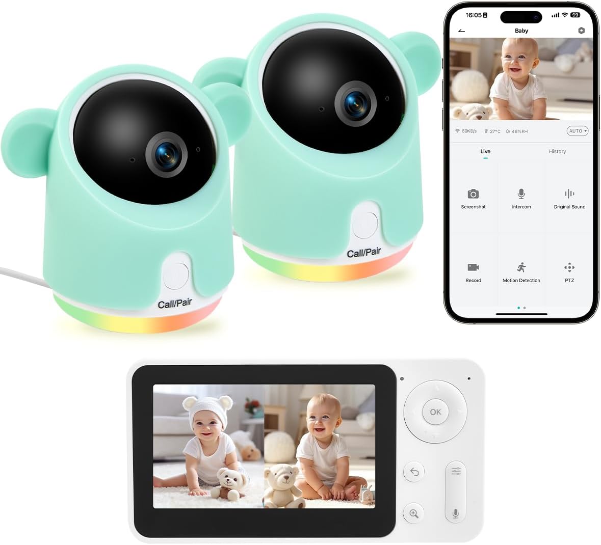 Baby Monitor with Camera and Audio, 1080P Baby Camera Monitor WiFi Smartphone App Control Night Vision 4.3” Screen 2-Way Talk Temperature & Humidity Sensor Lullabies Motion & Cry Detection iOS/Android