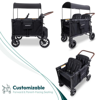 WONDERFOLD W4 Luxe Quad Stroller Wagon Featuring 4 High Face-to-Face Seats with Magnetic Buckle 5-Point Harnesses and Adjustable/Removable UV-Protection Canopy, Hunter Green