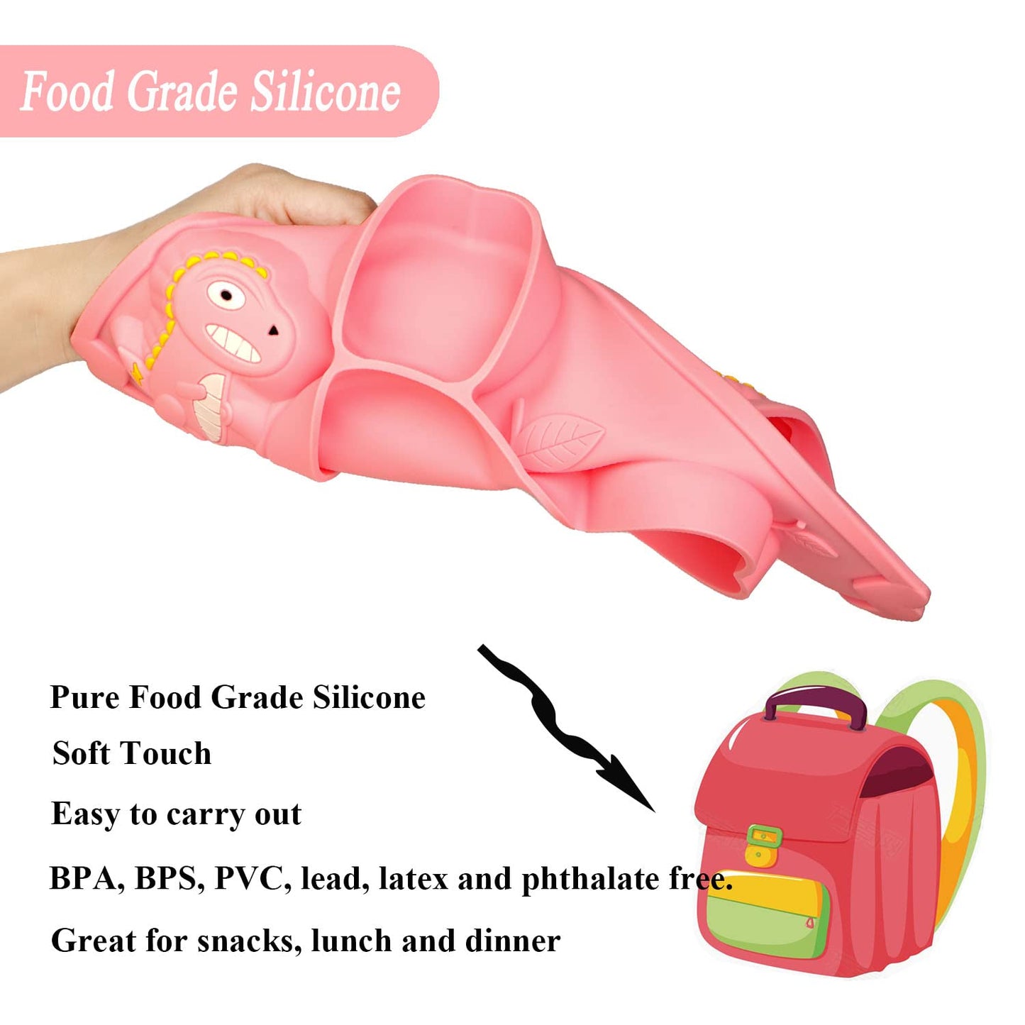 Silicone Suction Plates for Baby Toddler with Spoon Fork set Divided Dinosaurs Plates Self Feeding Training Baby Dinner Plate-Green Dinosaurs Plate Set
