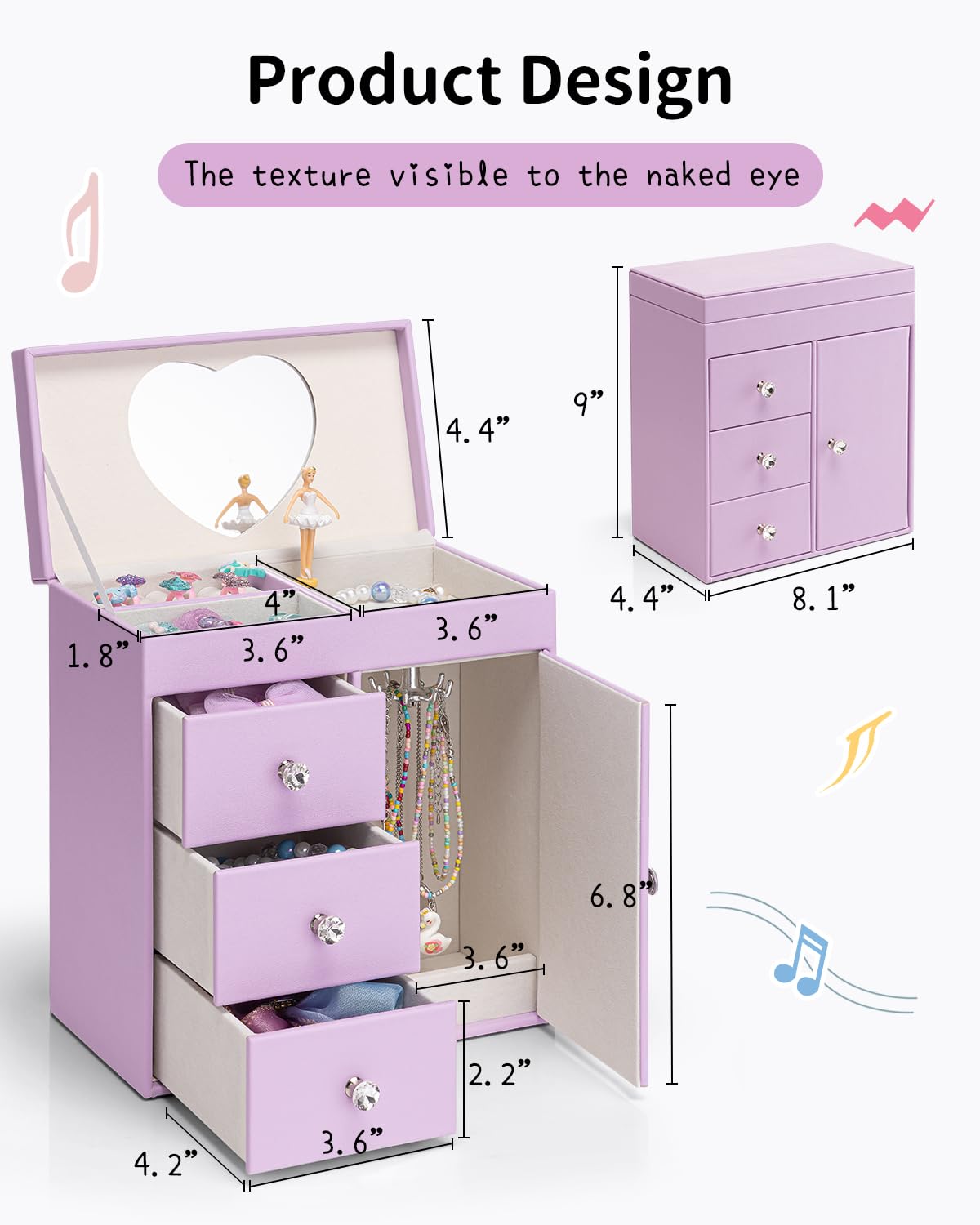 Vlando Musical Jewelry Box for Girls, Large Kid Music Box with Ballerina for Birthday Bedroom Decor, 4 Layer Girl Jewelry Gifts for Girls Kids - Light Pink