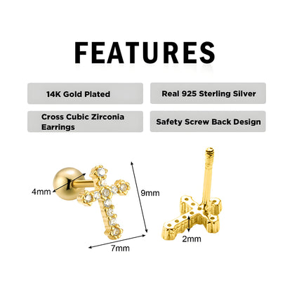 Gold Cross Earrings 14K Real Gold Filled Plated Trendy Dainty Cute Cubic Zirconia Screw Back Nickel Free Small Stud Earrings for Women Men