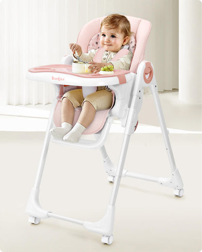 Convertible High Chairs for Babies and Toddlers, Foldable High Chair with Adjustable Backrest, Footrest and Tray, Baby Dinning High Chair with Lockable Wheels, Star Pink