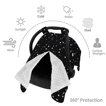 9CH Car Seat Covers for Babies, Peekaboo Opening Minky Car Seat Cover for Baby Mom Nursing Breastfeeding Covers, Winter Minky Baby Carrier Cover for Girls Boys (Black Star)
