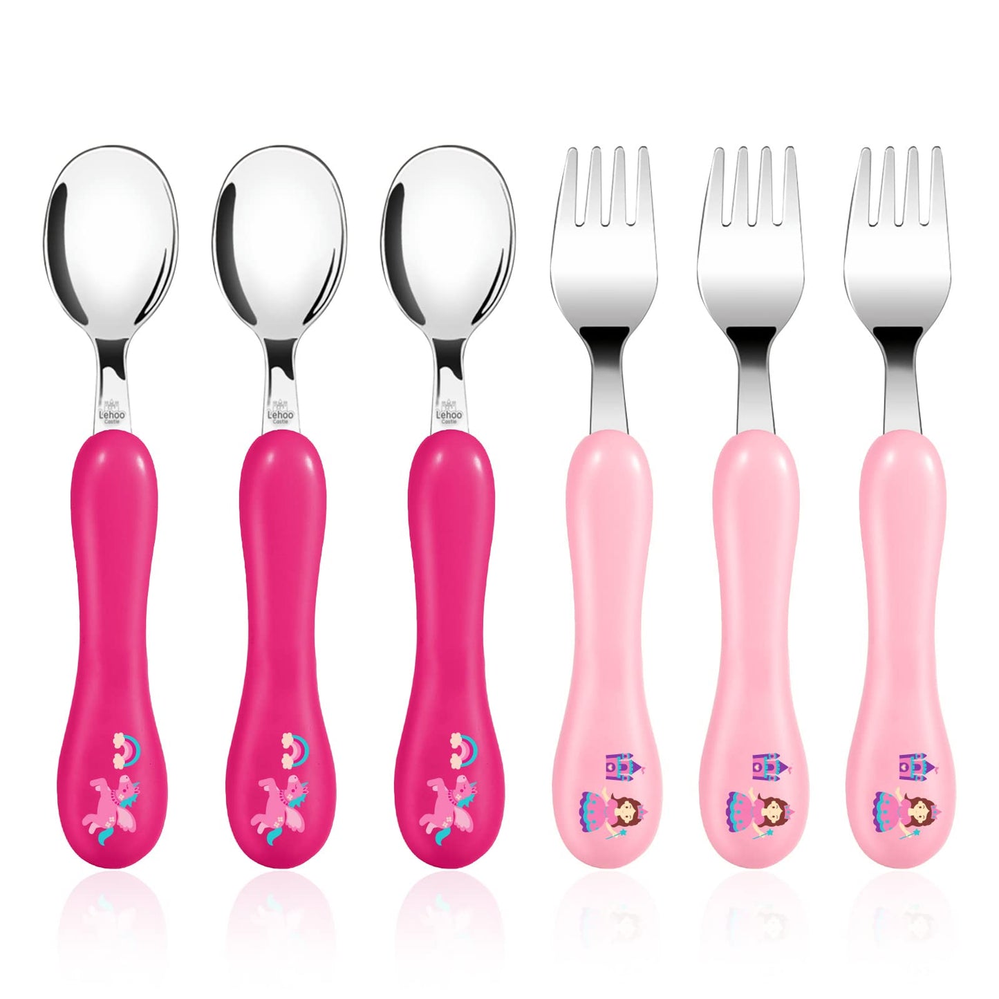Lehoo Castle Kids Utensils, 6pcs Silverware Set, Safe Stainless Steel Toddler Fork and Spoon, Includes 3 Spoons and 3 Forks (Pink)